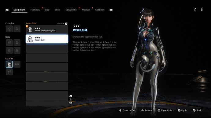 Menu view of Eve's Raven outfit in Stellar Blade.