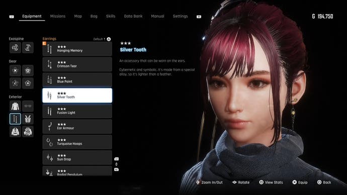 Menu view of Eve's Silver Tooth outfit in Stellar Blade.
