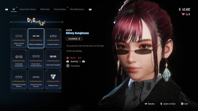 Menu view of Eve's Skinny Sunglasses outfit in Stellar Blade.