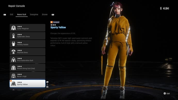 Menu view of Eve's Sporty Yellow outfit in Stellar Blade.