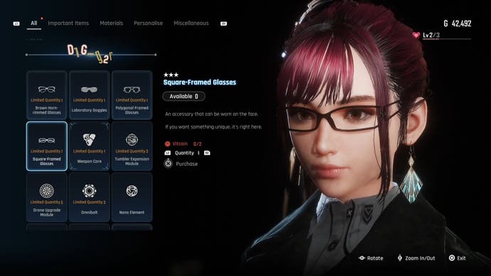 Menu view of Eve's Square Framed glasses outfit in Stellar Blade.