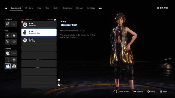 Menu view of Lily's Stargazer Coat outfit in Stellar Blade.