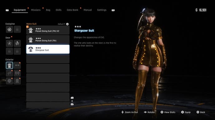 Menu view of Eve's Stargazer Suit outfit in Stellar Blade.