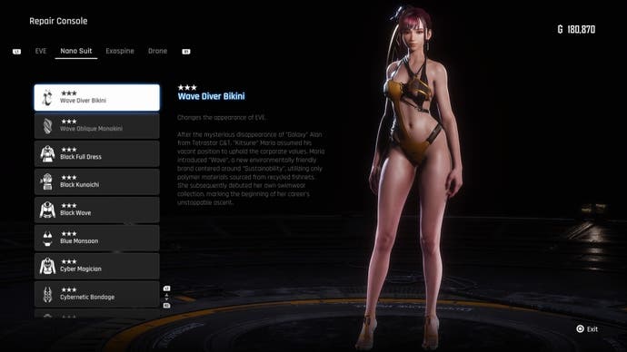 Eve wearing the Wave Diver Bikini outfit on the menu of Stellar Blade.