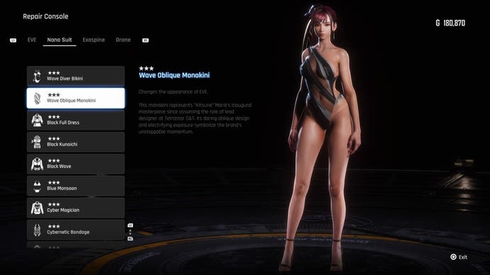 Eve wearing the Wave Oblique Monokini outfit on the menu of Stellar Blade.