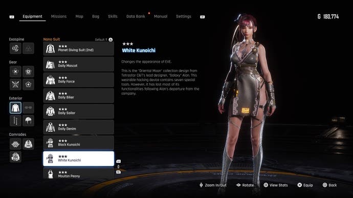 Eve wearing the White Kunoichi outfit on the menu of Stellar Blade.
