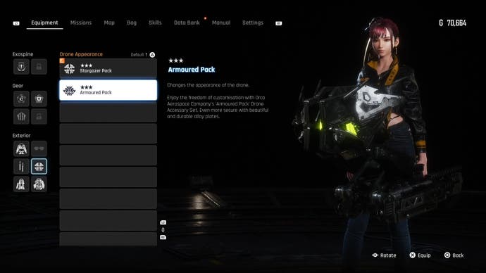 Menu view of thedrone's Armoured Pack outfit in Stellar Blade.