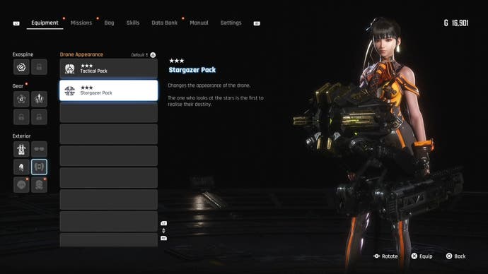 Menu view of the drone's Stargazer Pack outfit in Stellar Blade.