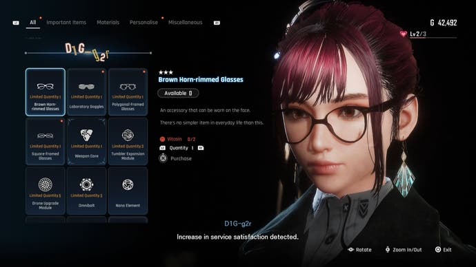 Menu view of Eve's Horn Rimmed glasses t in Stellar Blade.