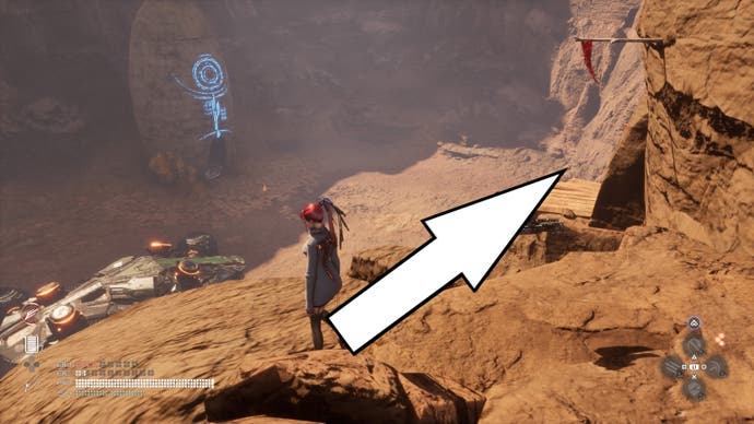 A white arrow pointing to a platform on a cliff in Stellar Blade.