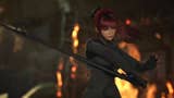 Eve from Stellar Blade with a serious look on her face, flourihing her blade with fire in the background.