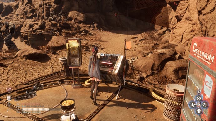 Eve at a Repair Console in camp in the Wasteland area of Stellar Blade.