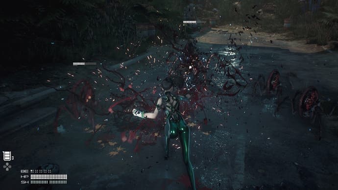 Eve attacking a trio of common scorpion-like Naytiba enemies in Stellar Blade with blood splatter covering them.