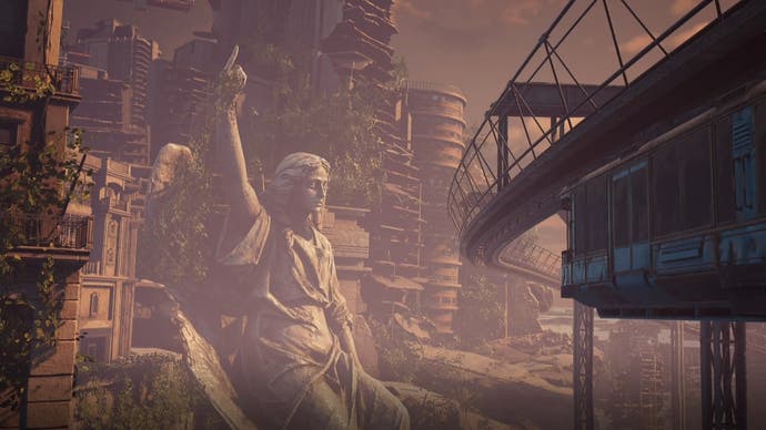 A Greek-like statue with industrial building behind it in the Eidos 7 area in Stellar Blade.