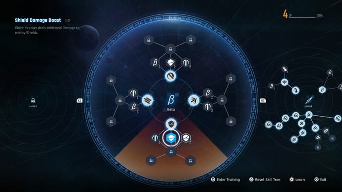 The Beta ability Skill Tree menu in Stellar Blade showing four types of attacks to be upgraded.