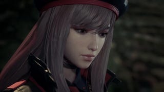 Close up of Stellar Blade protagonist eve in Nikke costume, with long pink hair and military cap