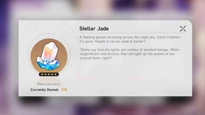menu of the description of stellar jade with a picture of it in an orange circle