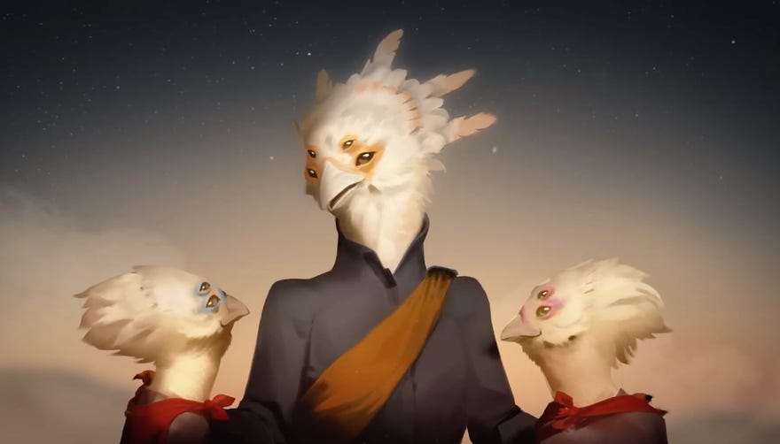 A bird like alien looks down at their children in Stellaris: First Contact trailer