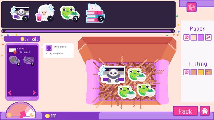 A delivery box filled with a panda sticker and the frog stickers in Sticky Business