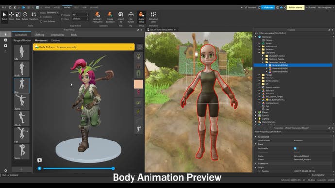 Roblox's Avatar Auto Setup software shown after setup with an animation preview pane on the left