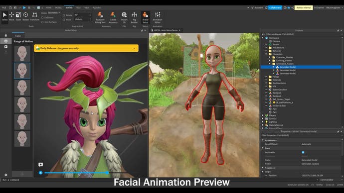 Roblox's Avatar Auto Setup software showing a facial animation preview in a pane on the left