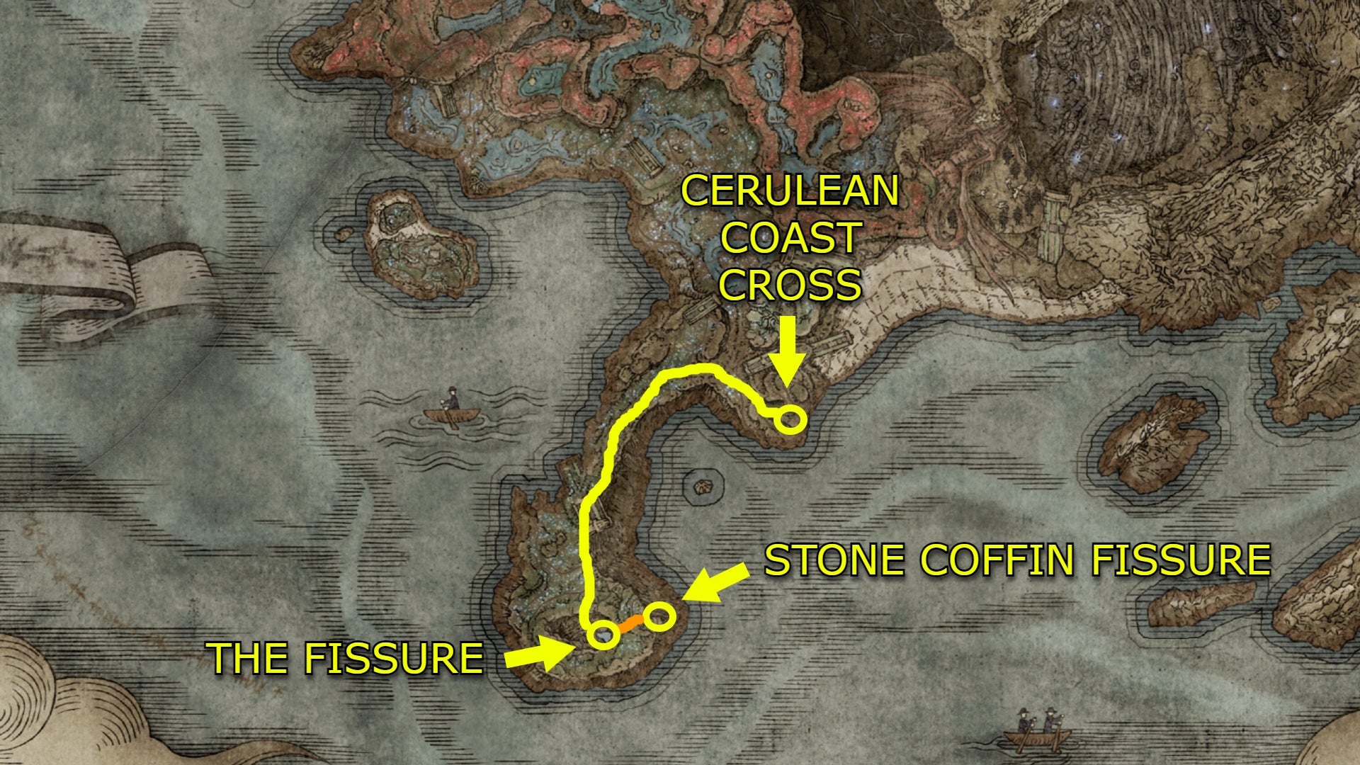A map showing a yellow route outlining various key points the player must traverse to get to Stone Coffin Fissure in Elden Ring: Shadow of the Erdtree. - 3