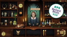 A young woman speaks to the player at the shop window in Strange Antiquities. The RPS Bestest Bests logo is added in the top-right corner.