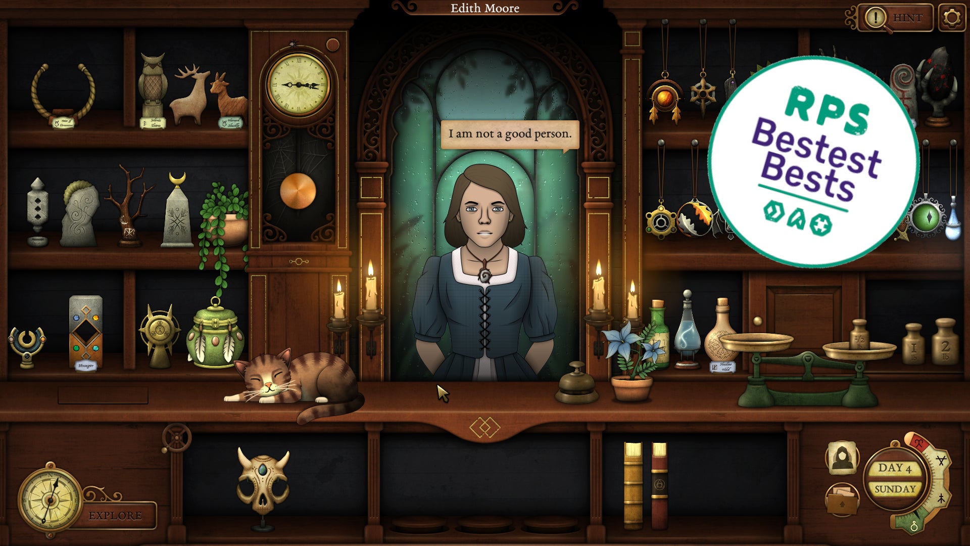 A young woman speaks to the player at the shop window in Strange Antiquities. The RPS Bestest Bests logo is added in the top-right corner. - 1