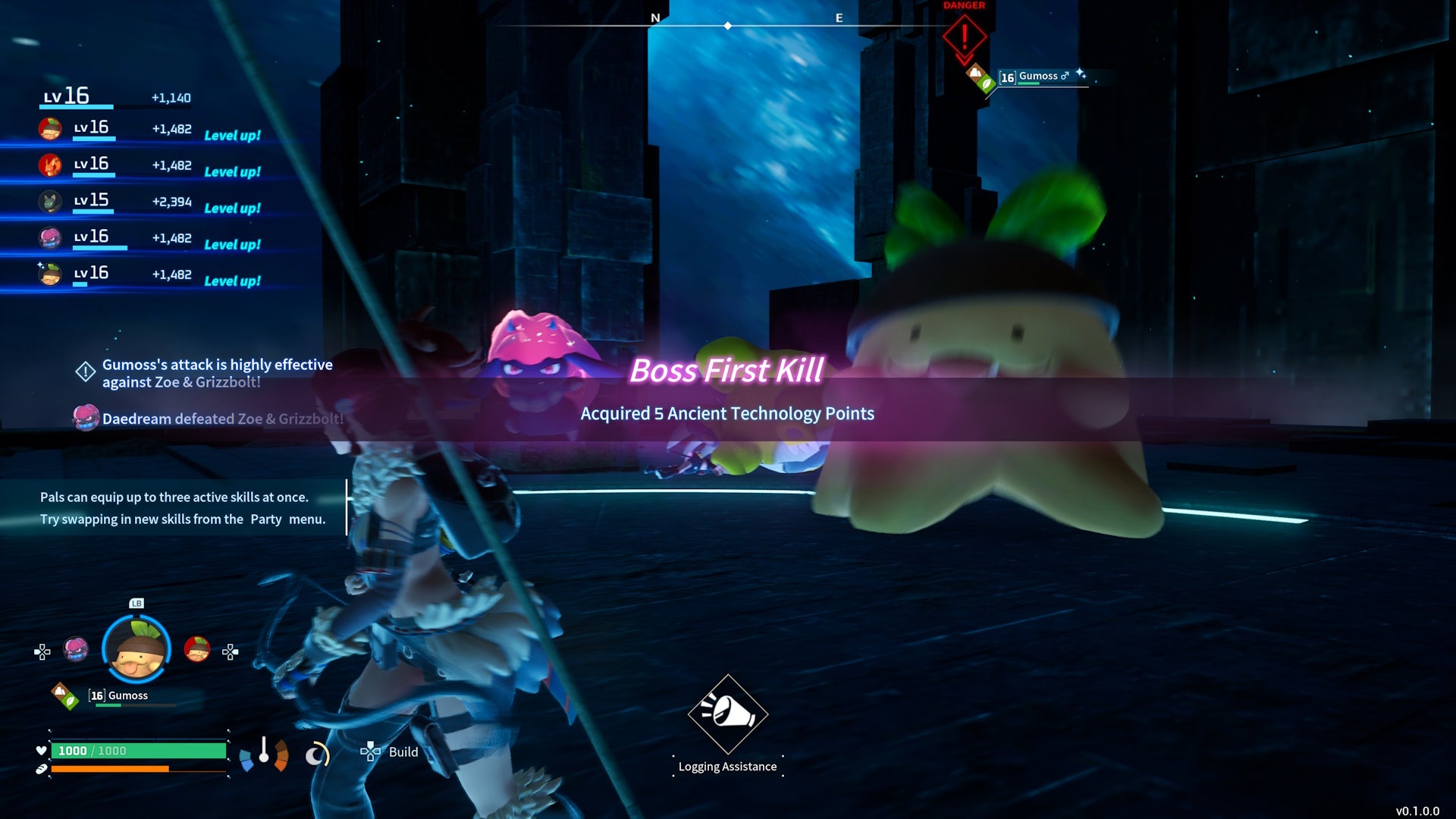 Boss kill menu popup in Rayne Syndicate Tower explaining that five ancient technology points have been rewarded in Palworld.