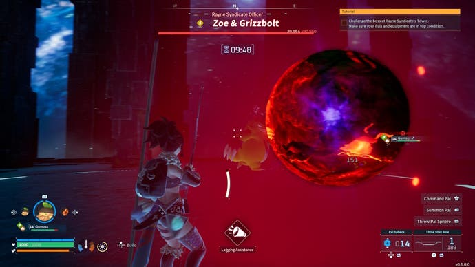 A large red and black orb being fired at Zoe and Grizzbolt in the distance inside Rayne Syndicate Tower in Palworld.
