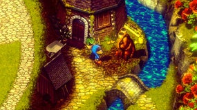 A child in a blue hood with a doglike face encountering a hummocky golem-type character outside a house by a river with a bridge at the bottom of the view.