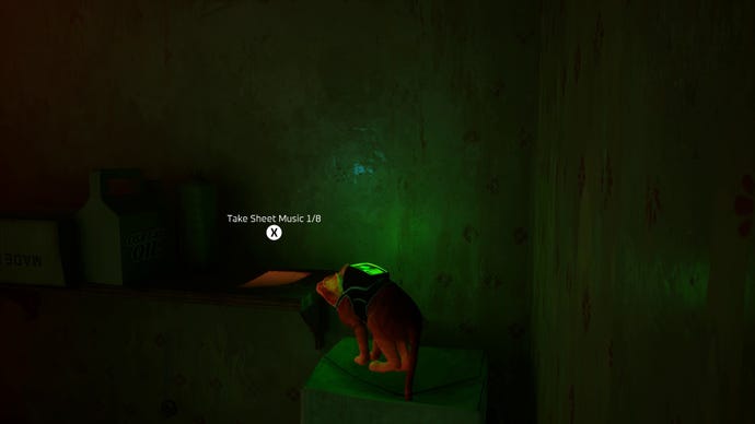 Stray screenshot showing a cat staring at a piece of sheet music on a shelf in a dark room.