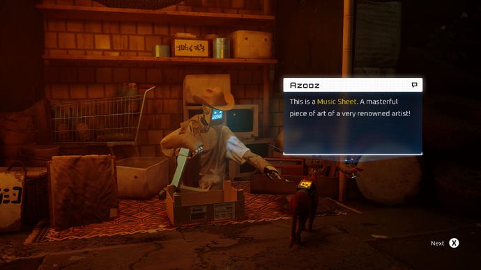 Stray screenshot showing a cat talking to a robot wearing a poncho and a cowboy hat. A box on the right says “Azooz: This is a music sheet. A wonderful piece of art of a very renowned artist!"