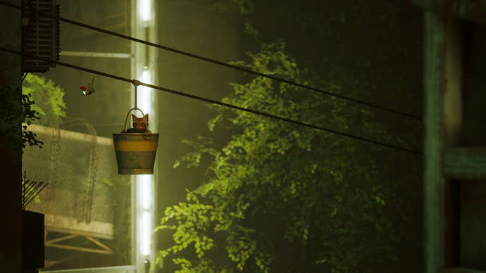 A cat sits in a bucket in Stray