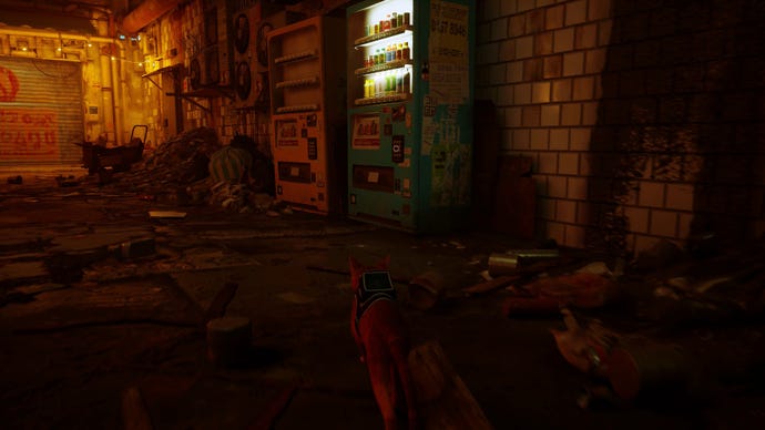 Stray screenshot showing a cat prowling down a dark alleyway towards a lit vending machine.