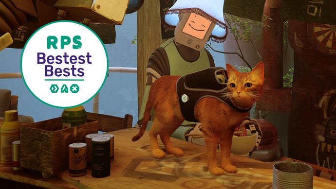 A ginger cat stands on top of a bar, with a smiling robot in the background in Stray