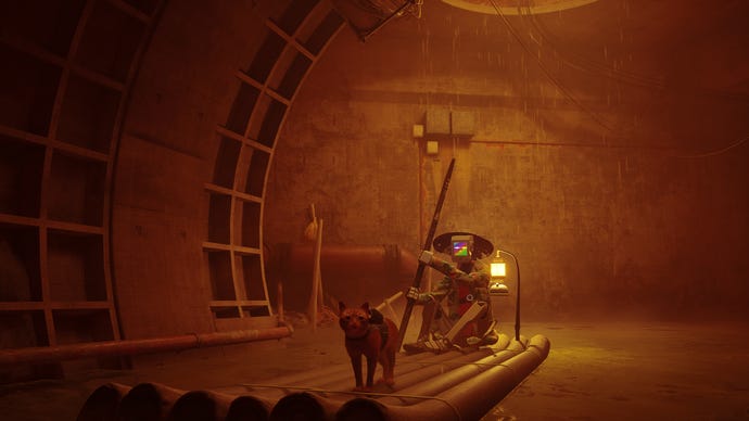Stray’s leading cat rides a raft, accompanied by a robot man, through a sewer.