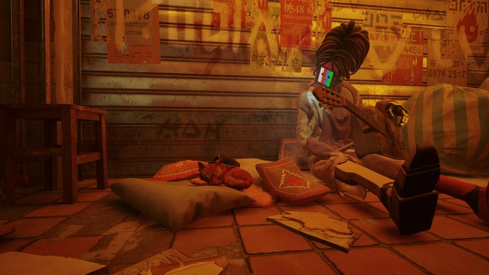 Stray’s playable cat snoozes on a cushion next to a sitting robot guitarist.