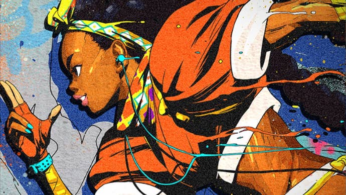 Key art of new fighter Kimberly from Street Fighter 6 showing a graffiti version of the character running