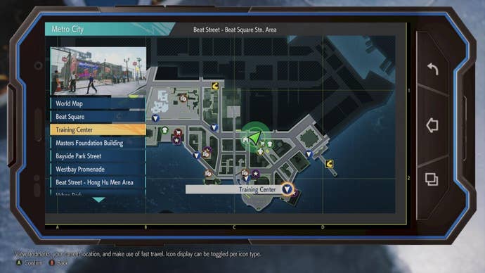 A map of Metro City in Street Fighter 6 is shown
