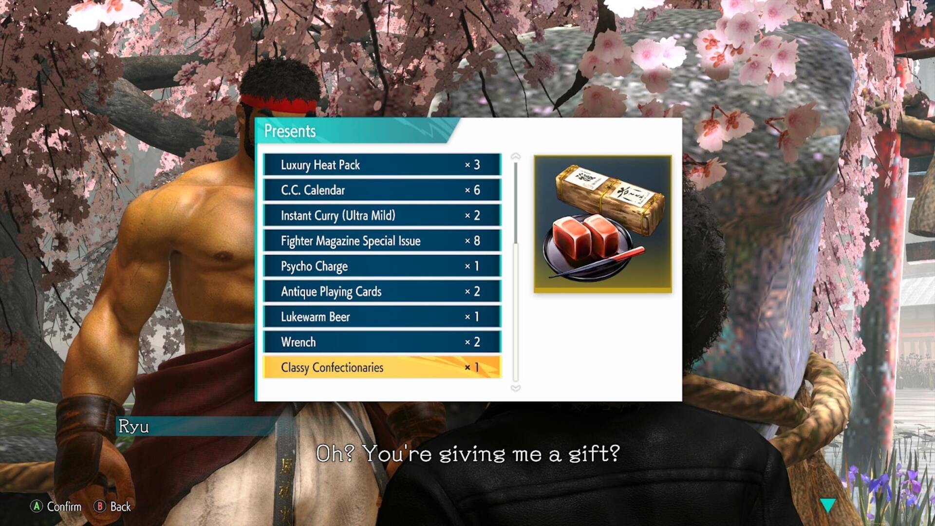 The player looks at gifts they can give to a Master in Street Fighter 6 - 8