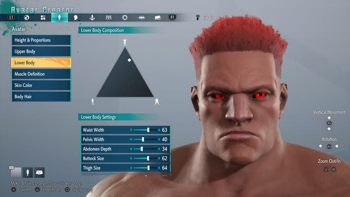 Street Fighter 6 character creator showing body customisation and close up of bulky male character