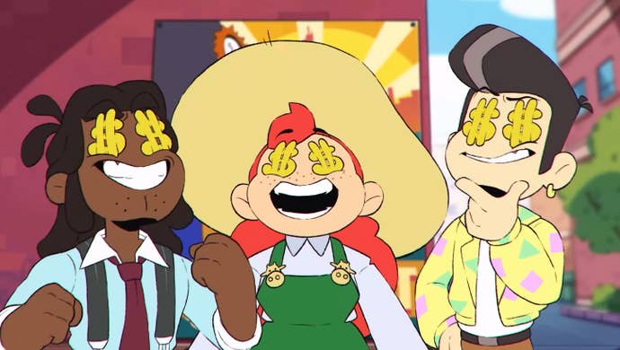 Three characters look up with a wide grin and dollar signs in their eyes, in a screenshot from Streets Of Rogue 2’s trailer