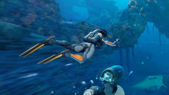 Subnautica 2 screenshot showing a diver swimming underwater