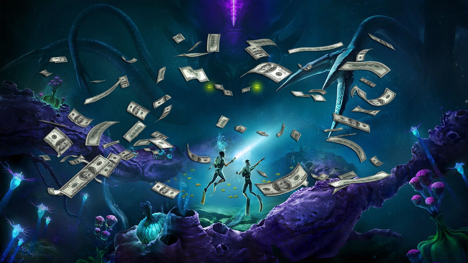 Subnautica 2 - underwater money rain on key art (custom)