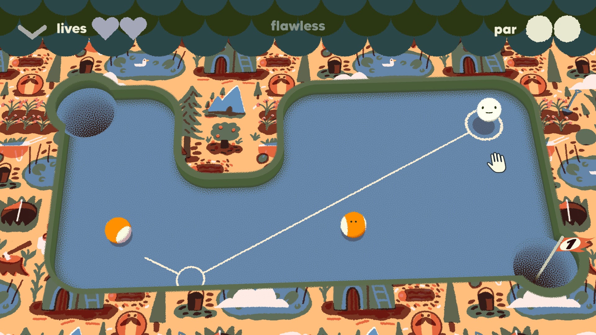 A Subpar Pool table with a lump at the top edge. A line extends from the cue ball, which has a cartoon face on it, showing the trajectory of a shot that will rebound off the side. There are two balls to be sunk and two pockets.