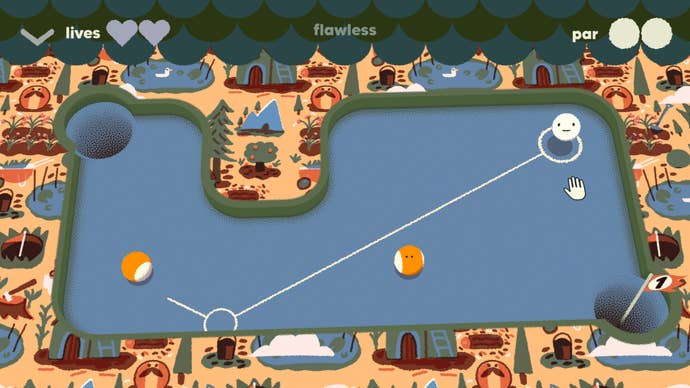 A Subpar Pool table with a lump at the top edge. A line extends from the cue ball, which has a cartoon face on it, showing the trajectory of a shot that will rebound off the side. There are two balls to be sunk and two pockets.