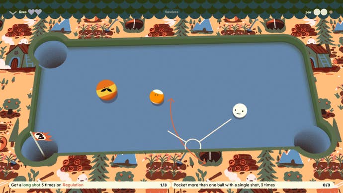 A white cue ball is being lined up to hit a large, mustachioed ball on a blue pool table in Subpar Pool