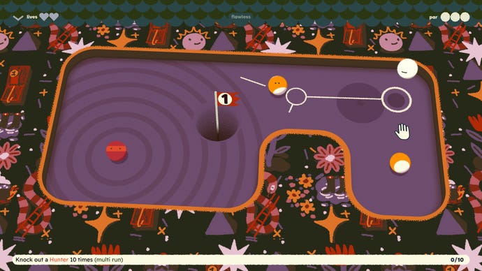 A cue ball is placed on a purple pool table in Subpar Pool