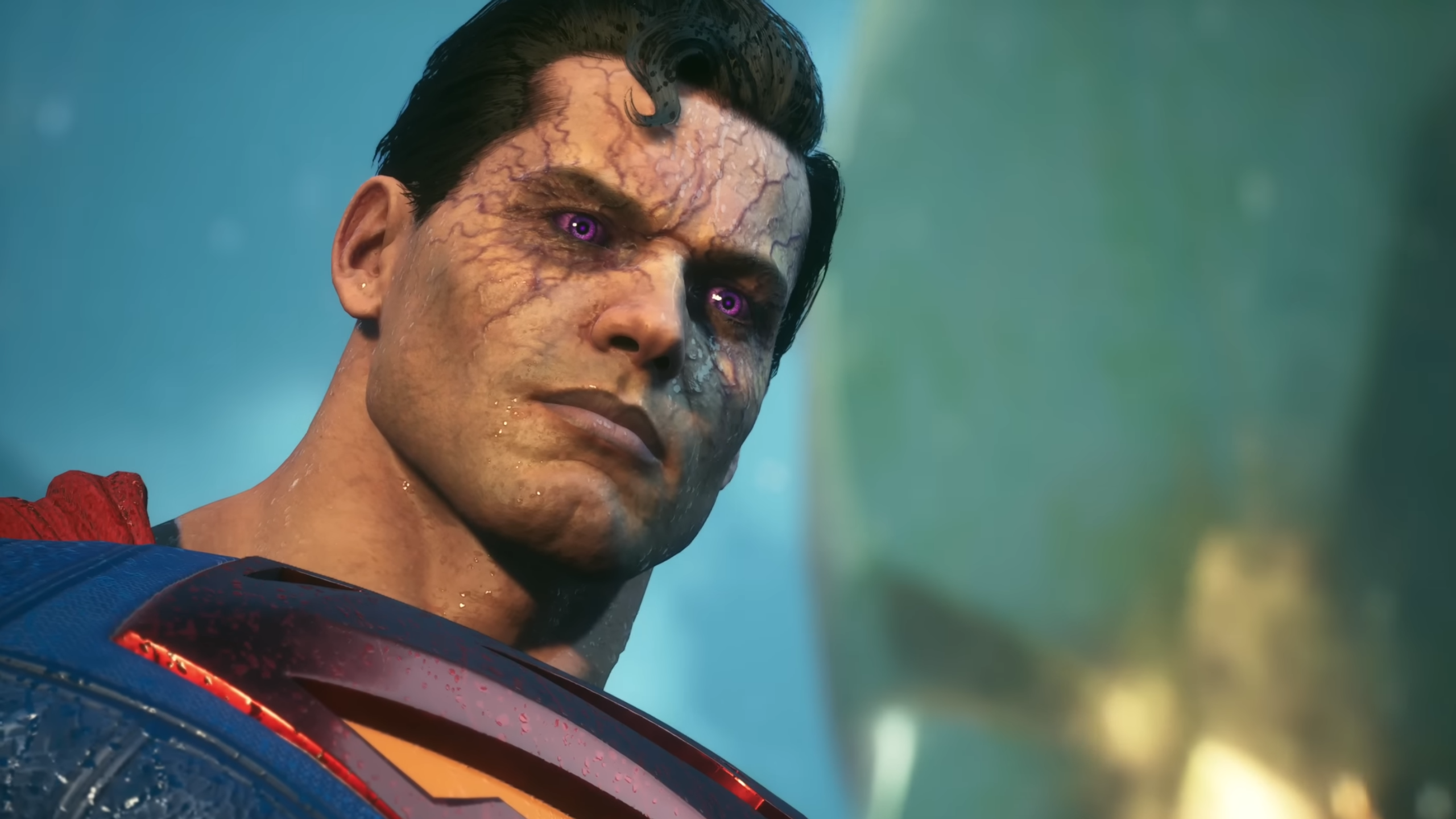 Close up of Superman from Suicide Squad game with evil purple eyes